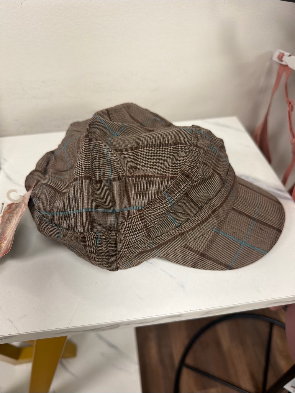 Brown Plaid Newsboy Cap with Teal Windowpane